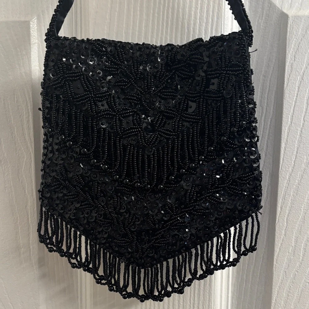Vintage Handmade Black Beaded Fringe Evening Bag - For Ganson of California